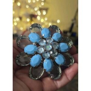 Vintage Large Floral Layered Teal Silver Tone Brooch